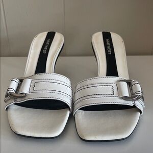 Nine West Vintage Yara White Slide Sandal with Silver Buckle Detail